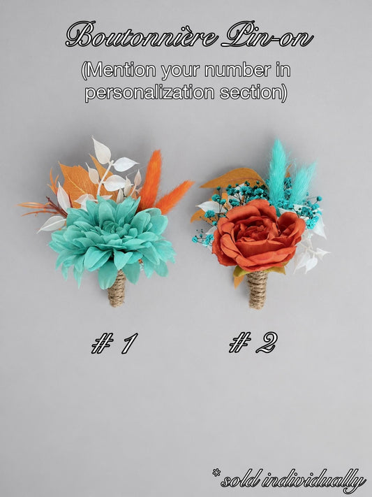 Turquoise & Burnt Orange Boutonniere, Teal Blue Terracotta Wedding Boutonniere, Groom Rust Buttonhole, Groomsmen Fall Lapel Flower