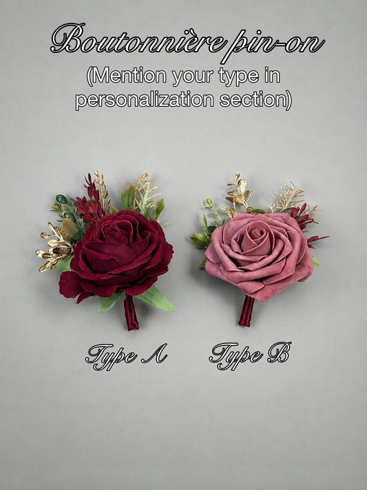 Mauve Boutonnière Wedding, Groom Dusty Mauve Burgundy Boutonnière Pin On, Groomsmen Gold Rustic Buttonhole, Artificial Lapel Flower Men