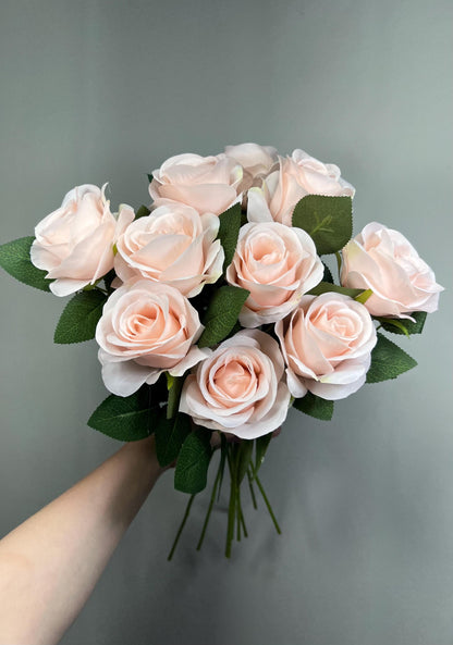 Blush Pink Rose Flower with Stem Leaves, Wedding Light Pink Nude Artificial Rose, Soft Pink Flower Heads, Silk Rose for DIY Craft Supplies