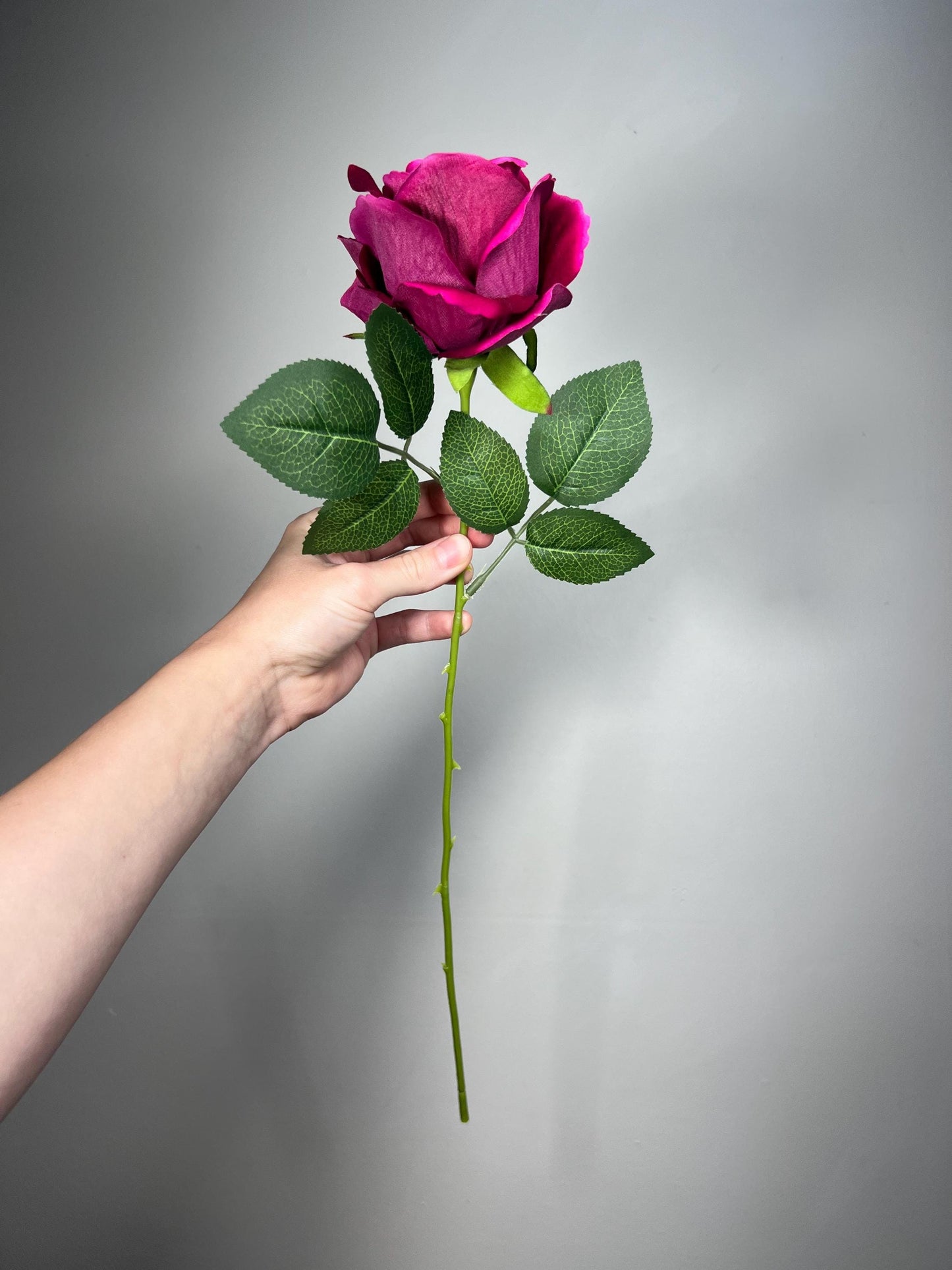 Fuchsia Rose Flower with Stem Leaves, Wedding Hot Pink Artificial Rose, Magenta Flower Heads, Berry Pink Silk Rose for DIY Craft Supplies