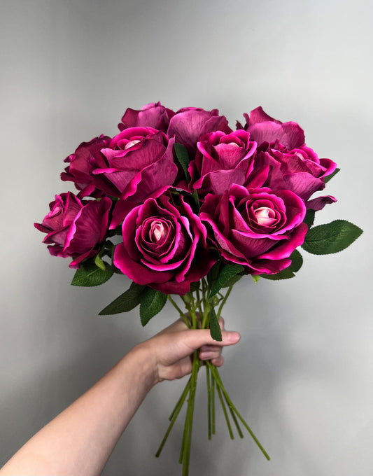 Fuchsia Rose Flower with Stem Leaves, Wedding Hot Pink Artificial Rose, Magenta Flower Heads, Berry Pink Silk Rose for DIY Craft Supplies