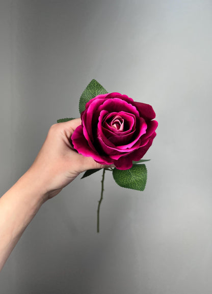Fuchsia Rose Flower with Stem Leaves, Wedding Hot Pink Artificial Rose, Magenta Flower Heads, Berry Pink Silk Rose for DIY Craft Supplies