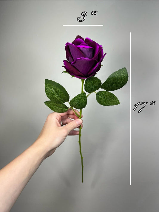 Purple Rose Flower with Stem Leaves, Wedding Deep Purple Dark Artificial Rose, Dark Violet Flower Heads, Silk Rose for DIY Craft Supplies
