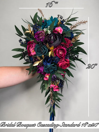 Jewel Tones Wedding Bouquet, Bridal Cascading Navy Hot Pink Bouquet, Cascade Bouquet Fuchsia Teal Blue Purple, Gem Colors Bridesmaids Flower