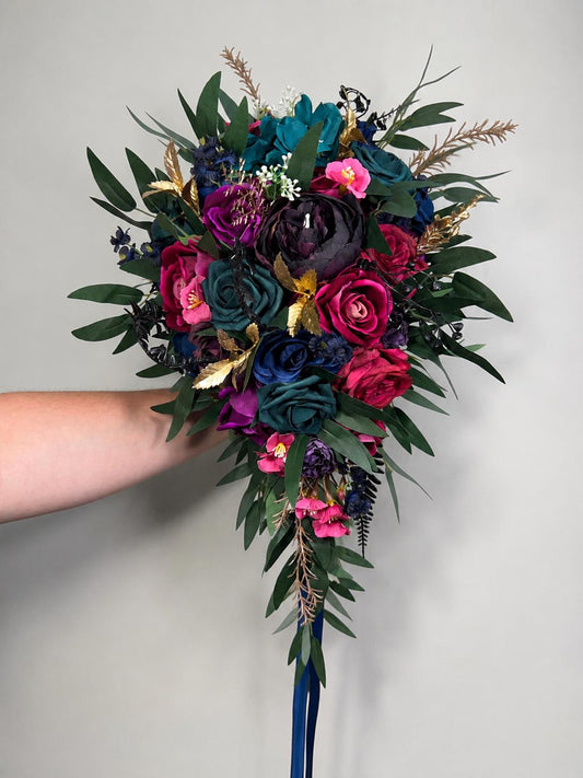 Jewel Tones Wedding Bouquet, Bridal Cascading Navy Hot Pink Bouquet, Cascade Bouquet Fuchsia Teal Blue Purple, Gem Colors Bridesmaids Flower