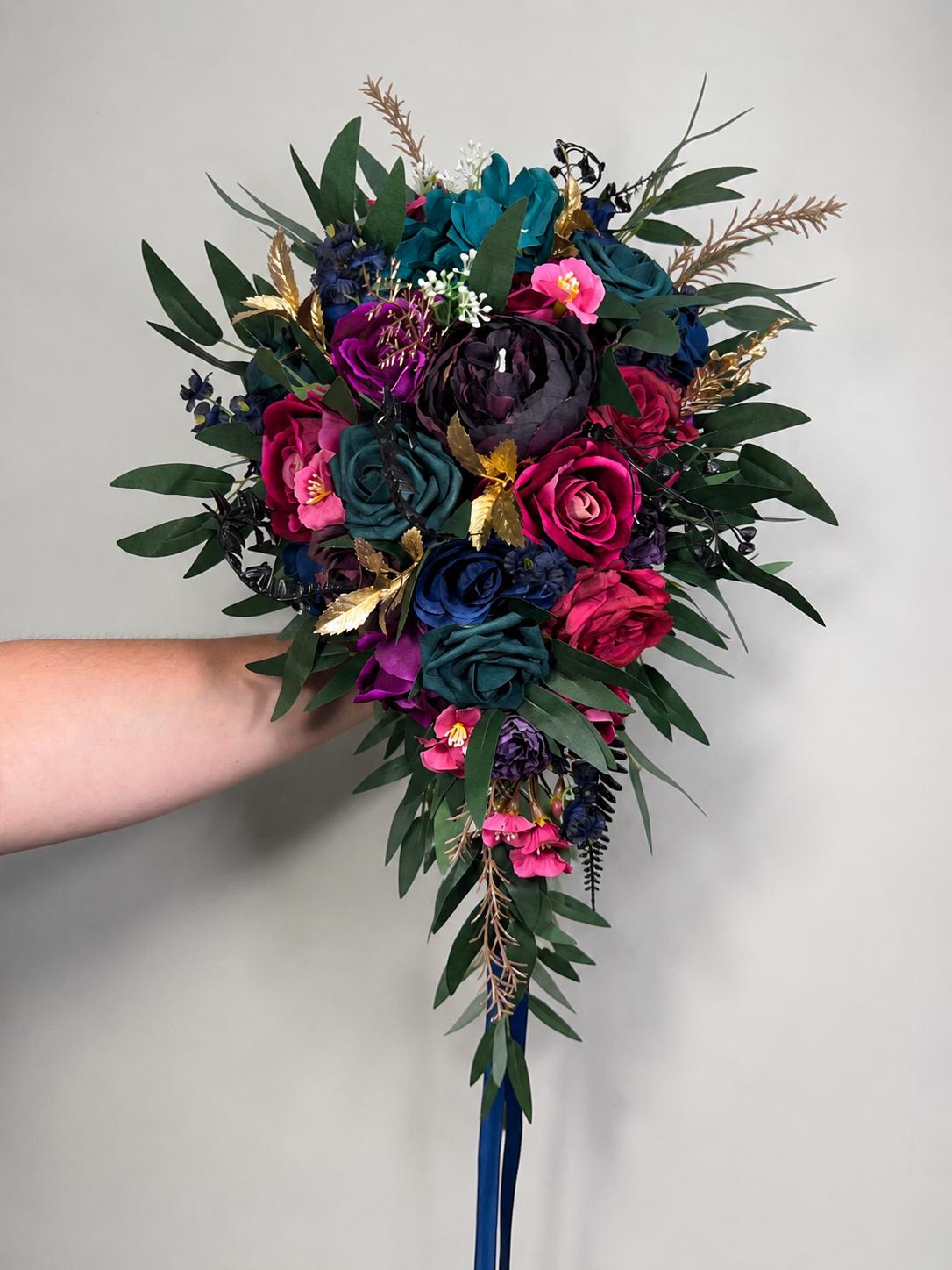 Jewel Tones Wedding Bouquet, Bridal Cascading Navy Hot Pink Bouquet, Cascade Bouquet Fuchsia Teal Blue Purple, Gem Colors Bridesmaids Flower