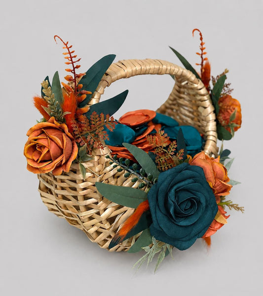 Flower Girl Basket Wedding Dark Teal Orange Burnt Fall Ceremony Artificial Flower Terracotta Teal Blue Rustic Flower Girl Basket for Petals