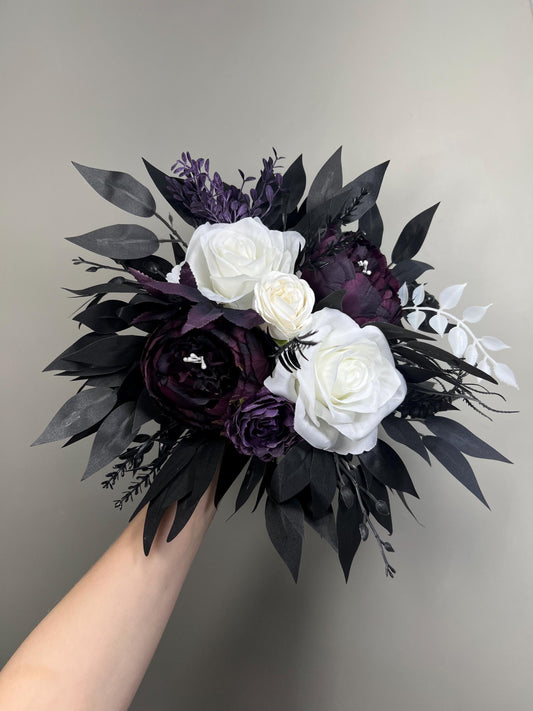 Purple White Black Bouquet Wedding Bridal Gothic Bridesmaids Flowers Plum Dark Purple White Moody Bouquet Artiricial Flowers