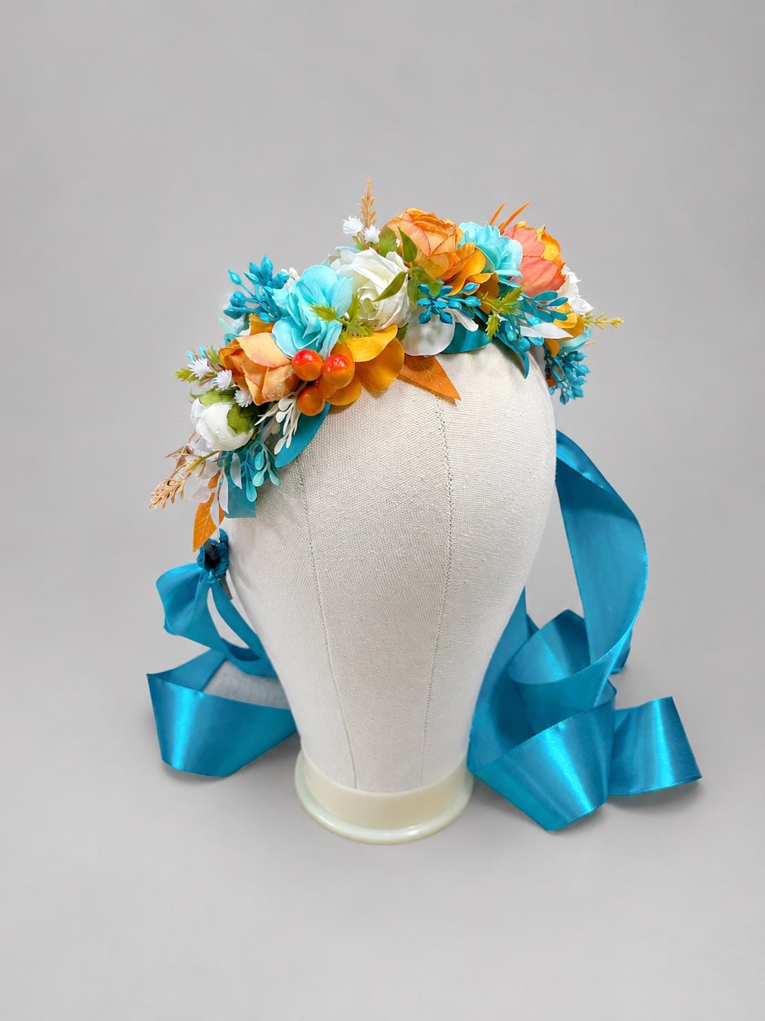 Turquoise Orange Hair Crown Wedding Teal Aqua Blue Burnt Orange Hair Wreath Bridal Fall Hair Accessories Headpiece White Artificial Flowers