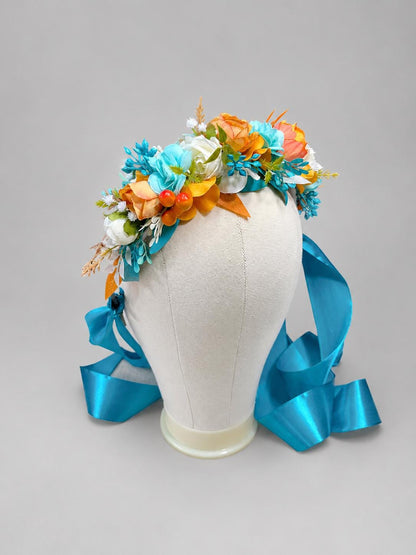 Turquoise Orange Hair Crown Wedding Teal Aqua Blue Burnt Orange Hair Wreath Bridal Fall Hair Accessories Headpiece White Artificial Flowers