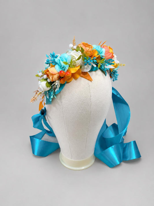 Turquoise Orange Hair Crown Wedding Teal Aqua Blue Burnt Orange Hair Wreath Bridal Fall Hair Accessories Headpiece White Artificial Flowers