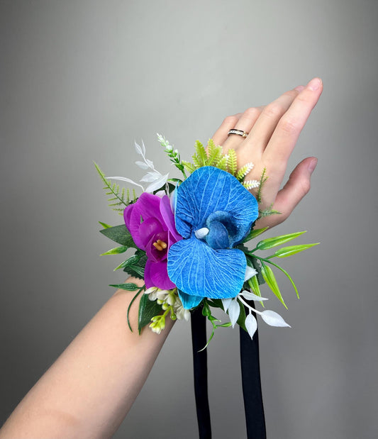 Blue Purple Orchid Pocket Boutonniere, Groom Tropical Wedding Boutonniere, Sapphire Blue Violet Pocket Square, Groomsmen Teal Blue Flower