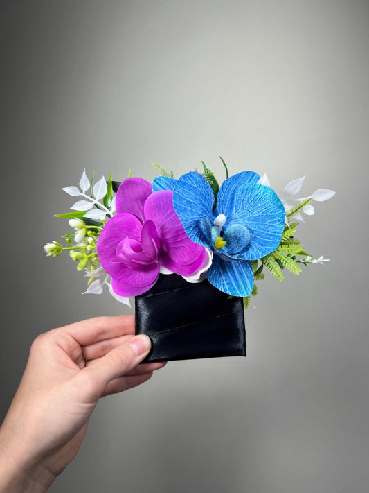 Blue Purple Orchid Pocket Boutonniere, Groom Tropical Wedding Boutonniere, Sapphire Blue Violet Pocket Square, Groomsmen Teal Blue Flower
