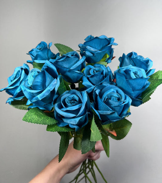 Peacock Blue Rose, Artificial Flower Heads with Stem, Teal Blue Wedding Flowers, Craft Supplies DIY Bouquet, Turquoise Blue Roses Home Decor