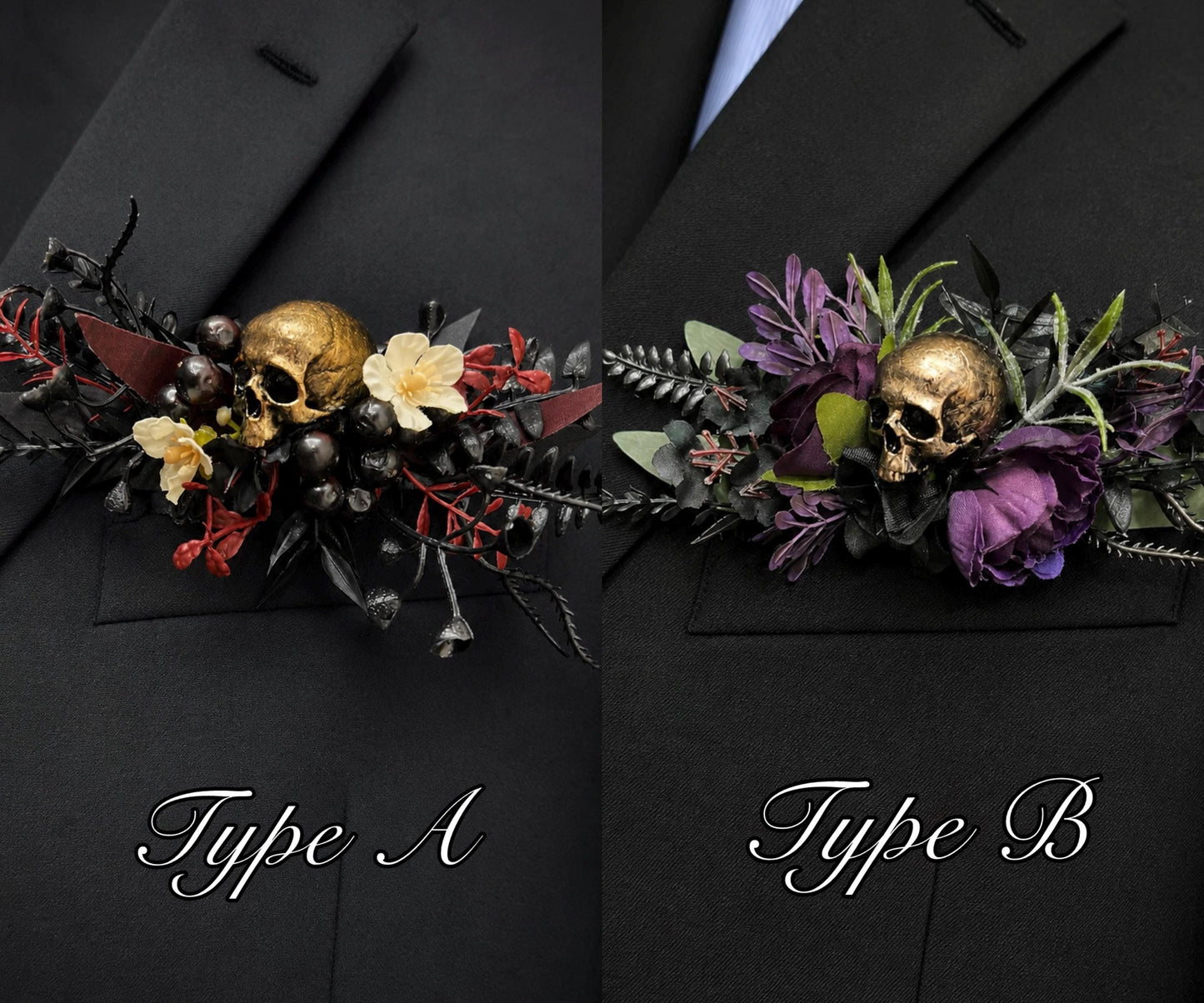 Purple Skull Pocket Boutonniere, Gothic Floral Wedding Square Boutonniere, Groomsmen Lapel Flower, Black Plum Alternative Halloween Flower