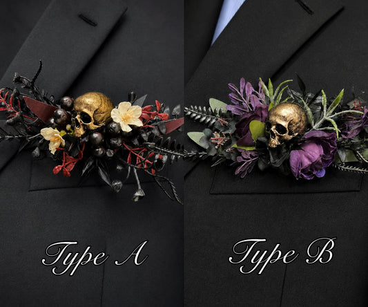 Purple Skull Pocket Boutonniere, Gothic Floral Wedding Square Boutonniere, Groomsmen Lapel Flower, Black Plum Alternative Halloween Flower