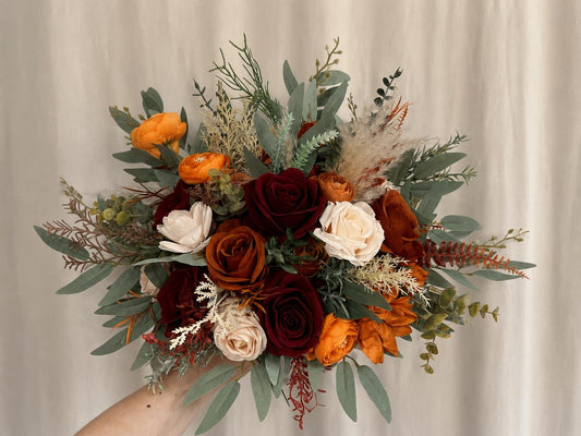 Bridal Bouquet with Burgundy and Rust Orange Flowers, Burgundy and Terracotta Bridesmaid Bouquet, Terracotta Wedding Faux Bouquet