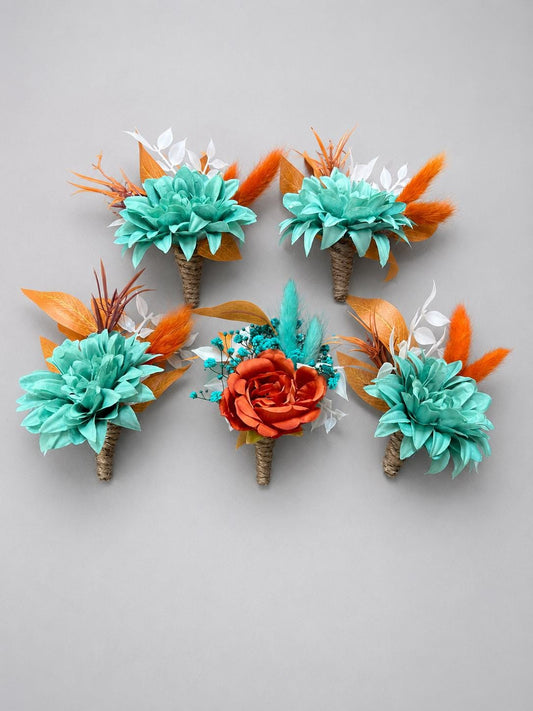 Turquoise & Burnt Orange Boutonniere, Teal Blue Terracotta Wedding Boutonniere, Groom Rust Buttonhole, Groomsmen Fall Lapel Flower Reddit