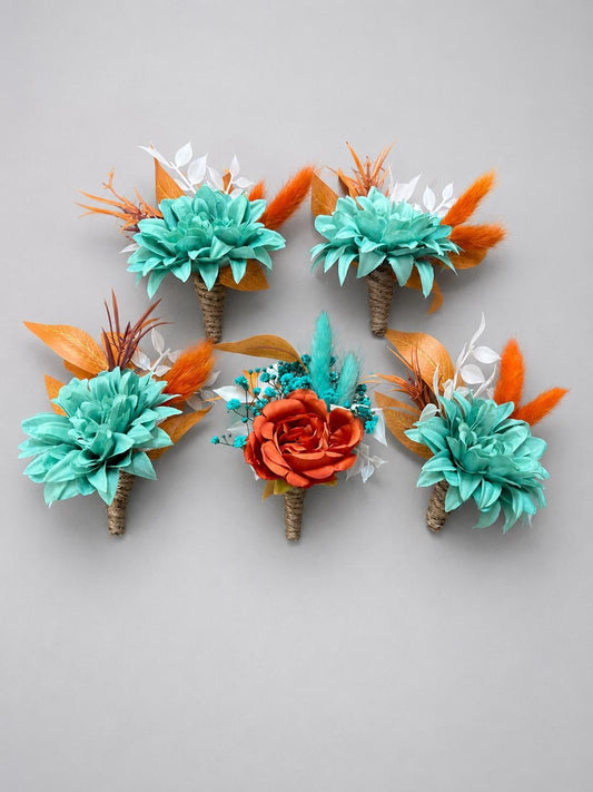 Turquoise & Burnt Orange Boutonniere, Teal Blue Terracotta Wedding Boutonniere, Groom Rust Buttonhole, Groomsmen Fall Lapel Flower