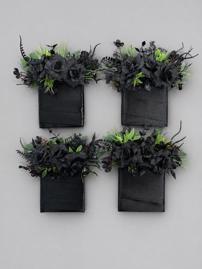 Black Pocket Boutonnière, Wedding Groom Black Roses Greenery Square Boutonnière, Groomsmen Gothic Boutonniere, Black Dark Emerald Green