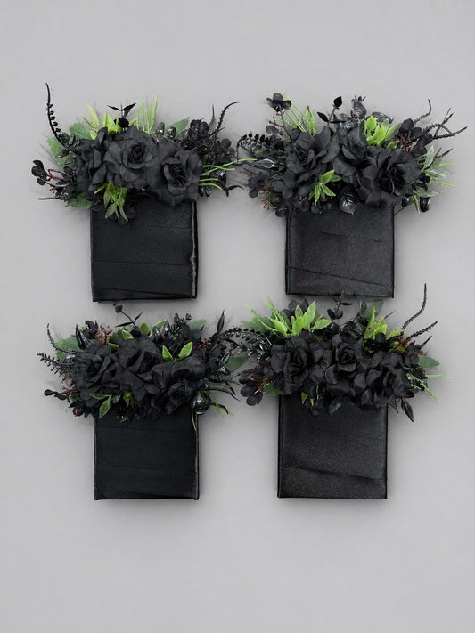 Black Pocket Boutonnière, Wedding Groom Black Roses Greenery Square Boutonnière, Groomsmen Gothic Boutonniere, Black Dark Emerald Green
