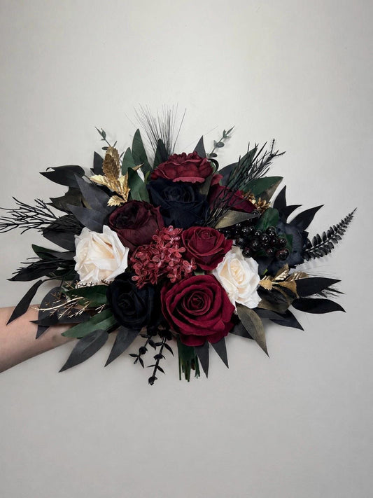 Burgundy Black Bouquet Bridal Wedding Gold Ivory Flowers Emerald Green Eucalyptus Bridesmaid Bouquet Fall Faux Flowers Halloween Gothic