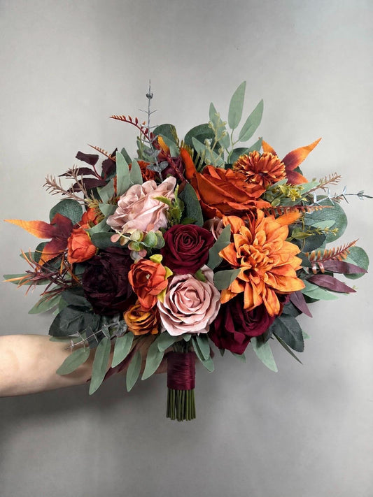 Burgundy Dusty Rose Terracotta Bouquet Wedding Bridal Fall Bouquet Bridesmaid Flowers Rust Burnt Orange Bouquet Faux Artificial Bouquet