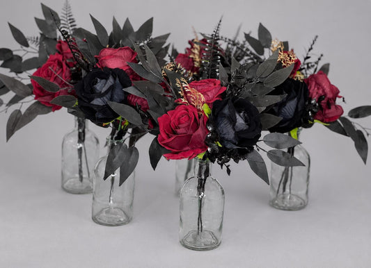 Black Burgundy Centerpiece Wedding Gothic Small Petite Table Flower Decor Black Dark Red Gold Halloween Centerpiece 3 Flowers Artificial
