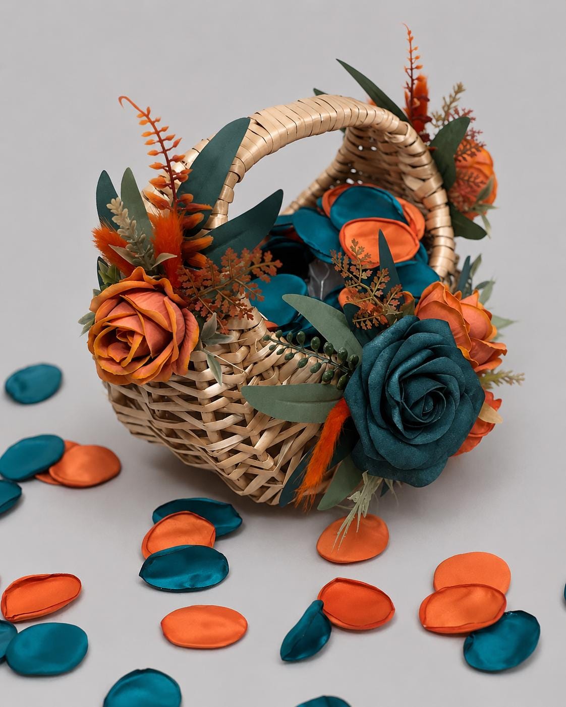 Flower Girl Basket Wedding Dark Teal Orange Burnt Fall Ceremony Artificial Flower Terracotta Teal Blue Rustic Flower Girl Basket for Petals