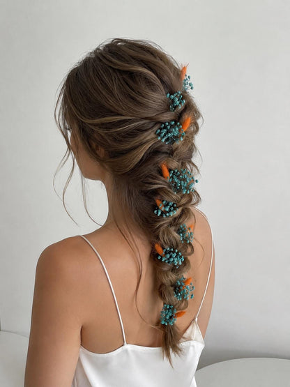 Baby's Breath Hair Pins, Burnt Orange Teal Blue Gypsophila Hair Pins, Terracotta Bridal Hair Piece, Turquoise Fall Wedding Hair Accessories