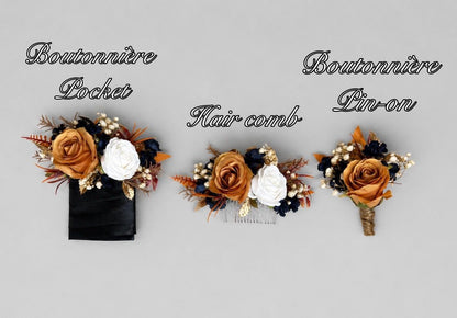 Orange Navy Blue Bouquet Wedding Boho Burnt Orange Bouquet Bridal Navy Blue Terracotta White Bouquet Bridesmaids Rust Blue Pampas Grass