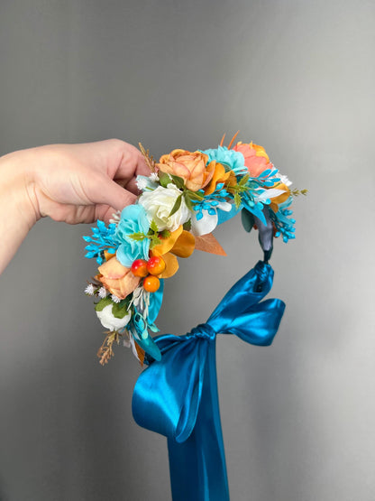 Wedding Flower Crown White Terracotta Rust Wedding Bridal Floral Headband Adult Decor Turquoise Wreath Bridal Crown Children Ivory Hair