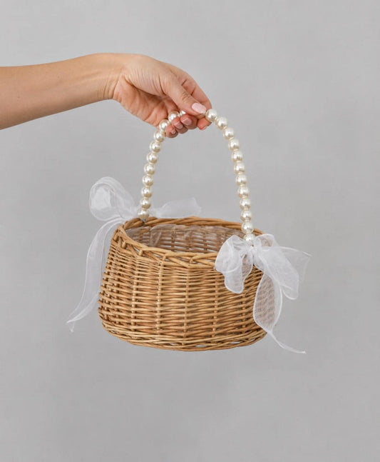 Flower Girl Basket With Pearl Handle, Rustic Wicker Wedding Petal Basket, Boho Rattan Basket With White Ivory Organza Bows