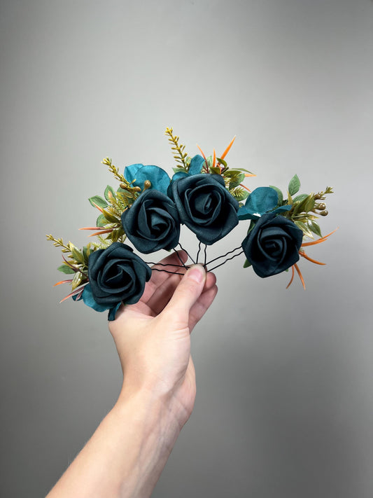 Teal Blue Hair Pin, Rustic Wedding Hair Accessories, Bridal Floral Dark Teal Terracotta Hair Pins, Bridesmaid Hairpiece Peacock Blue Reddit