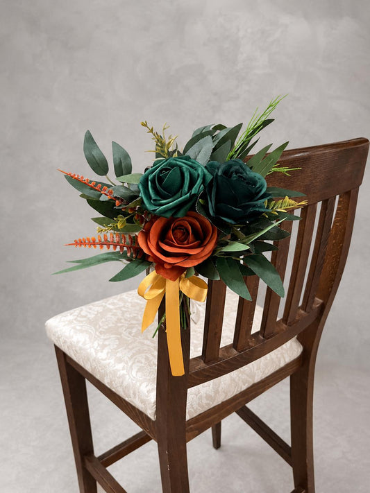 Terracotta Emerald Green Pew Decor, Wedding Burnt Orange Peacock Blue Chair Flowers, Rustic Teal Blue Orange Fall Aisle Markers