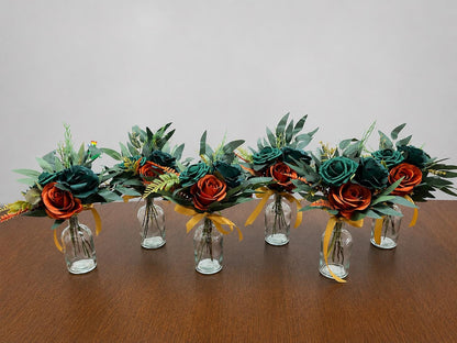 Burnt Orange Emerald Green Centerpiece, Wedding Mini Bouquets for Bud Vase, Terracotta Peacock Blue Teal, Small Fall Table Decor Centerpiece