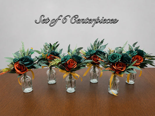 Burnt Orange Emerald Green Centerpiece, Wedding Mini Bouquets for Bud Vase, Terracotta Peacock Blue Teal, Small Fall Table Decor Centerpiece