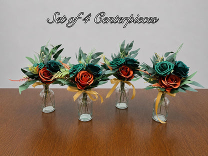 Burnt Orange Emerald Green Centerpiece, Wedding Mini Bouquets for Bud Vase, Terracotta Peacock Blue Teal, Small Fall Table Decor Centerpiece