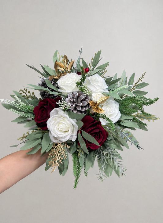 Burgundy White Winter Bouquet Bridal Christmas Bridesmaid Wedding Bouquet Pine Cones Gold Dark Red Flowers Artificial Reddit