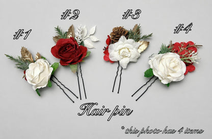 Christmas Hair Pin Wedding White Red Gold Hairpiece Pine Cone Winter Artificial Flowers Dark Red Bridesmaids Hair Accessories Flower Girl