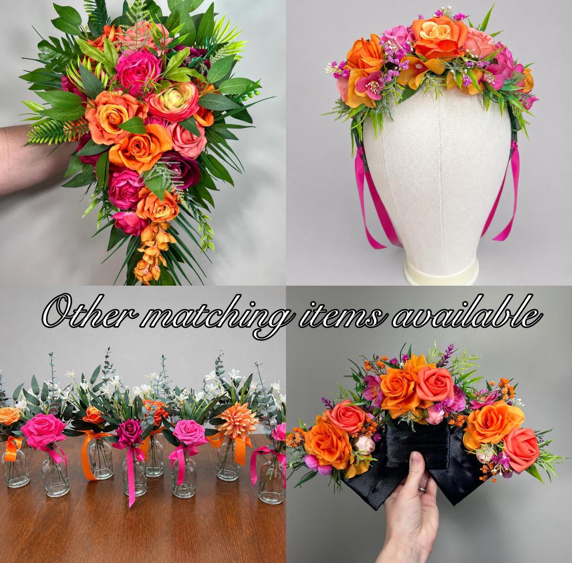 Orange Hot Pink Centerpieces, Wedding Mini Bouquet for Bud Vase, Fuchsia Bright Orange Summer Table Decor Centerpiece, Tropical Beach Flower