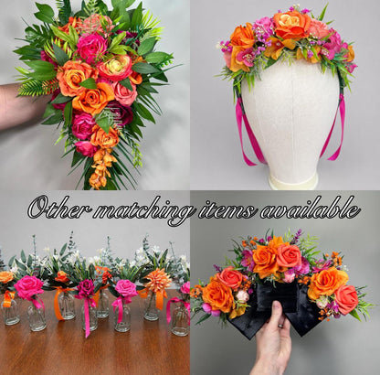 Orange Hot Pink Centerpieces, Wedding Mini Bouquet for Bud Vase, Fuchsia Bright Orange Summer Table Decor Centerpiece, Tropical Beach Flower