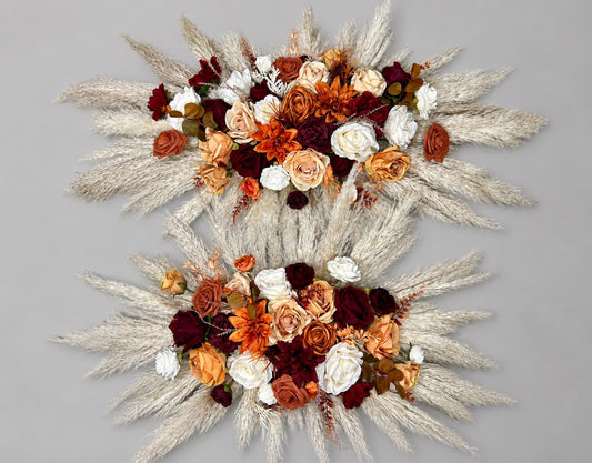 Terracotta Burgundy Arch Arrangement Pampas Grass Burnt Orange Arbor Arrangement Rust Boho Wine Dark Red Wedding Fall Background Flowers