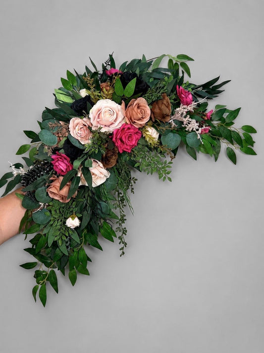 Hot Pink Dusty Rose Arch Arrangements, Wedding Blush Brown Black Arbor Arrangement, Floral Background Swag Rustic, Gem Colors Flowers