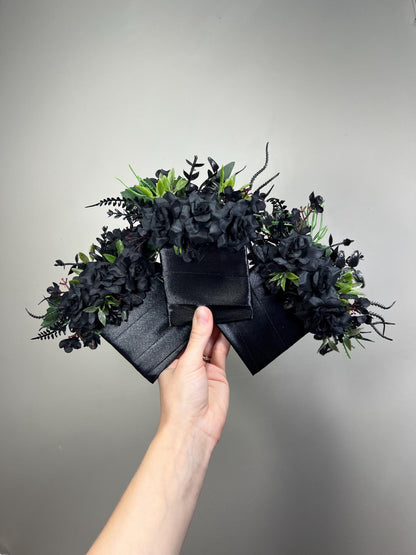 Black Pocket Boutonnière, Wedding Groom Black Roses Greenery Square Boutonnière, Groomsmen Gothic Boutonniere, Black Dark Emerald Green