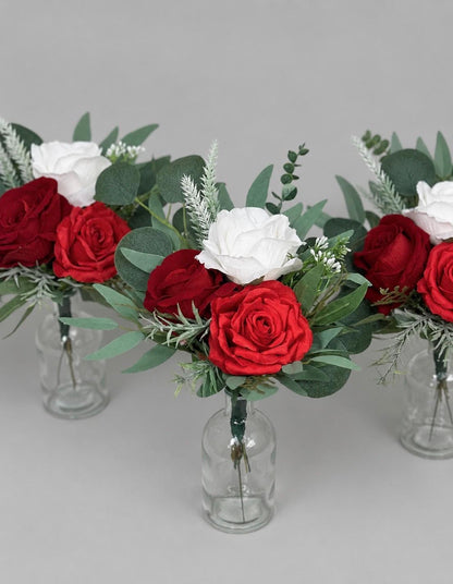 Red White Small Centerpiece, Mini Bouquets for Bud Vase, Wedding Winter Christmas Table Decor, Dark Red Centerpiece Artificial Flowers