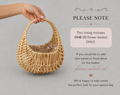 Flower Girl Basket, Rustic Rattan Wedding Petal Basket, Boho Wicker Flower Basket, Natural Oval Basket With Built In Handle