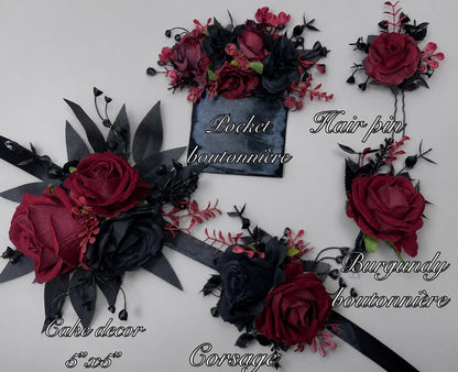 Black Burgundy Cascading Bouquet, Bridal Gothic Bouquet, Black Calla Lily Cascade Bouquet, Moody Halloween Bridesmaid Flowers Artificial
