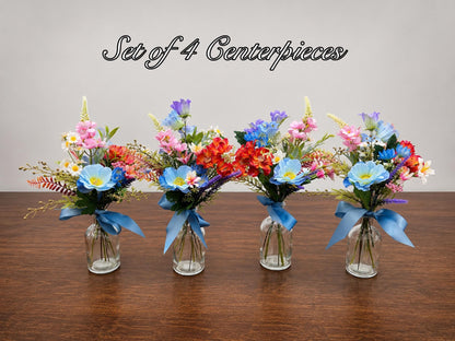 Wildflower Centerpiece Wedding, Colorful Floral Arrangement, Mini Bouquets for Vases, Table Decor Centerpieces Dusty Blue Terracotta Pink