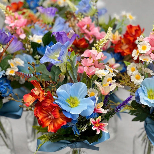 Wildflower Pew Decor, Wedding Dusty Blue Terracotta Pink Chair Flowers, Colorful Chair Swag Decor, Ceremony Summer Aisle Chair Flowers